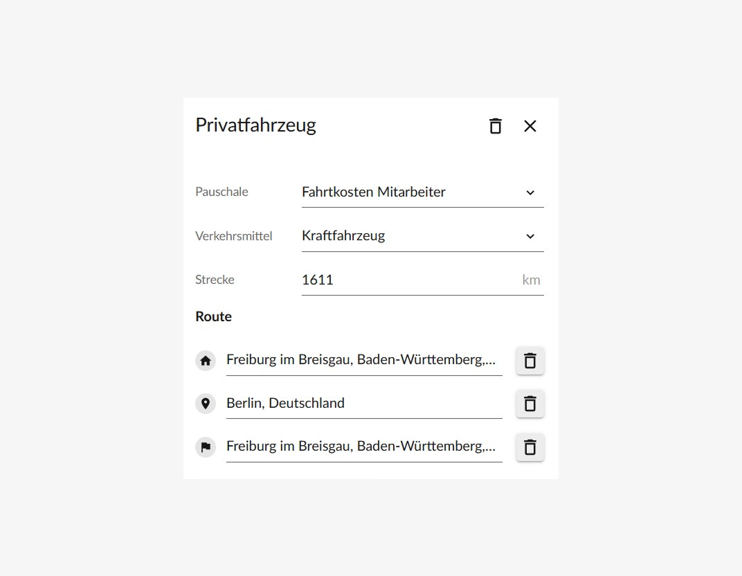 Screenshot: Auswahl einer individuellen Pauschale während der Reiseerstellung in der Reisekosten-App – Pauschale direkt in der Reise anwenden