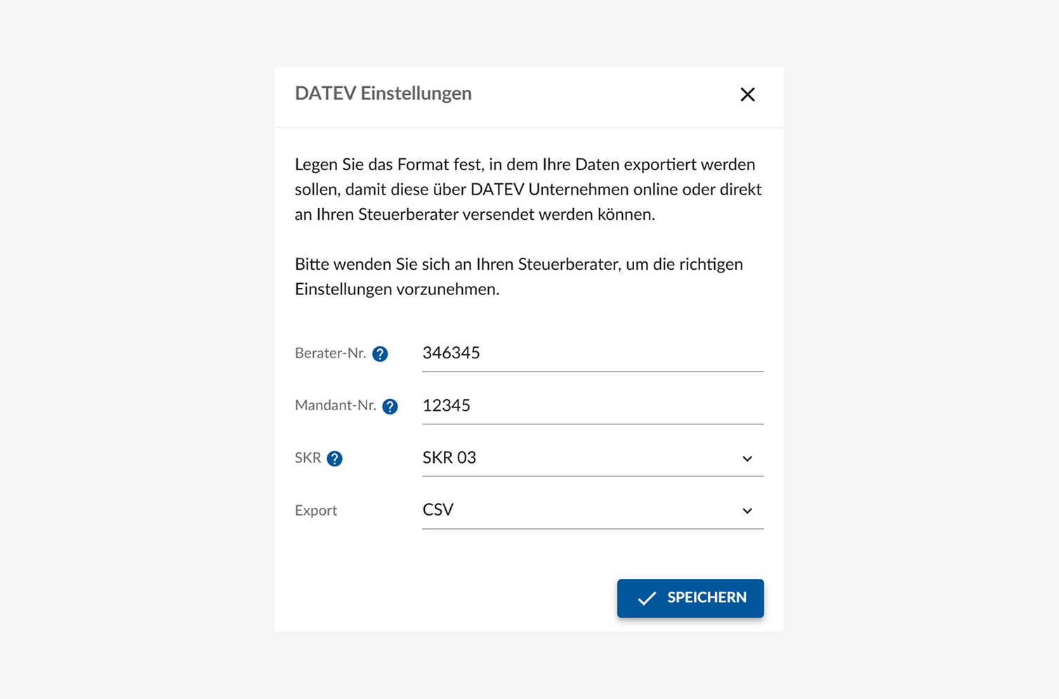 Screenshot: Einstellungen zur DATEV-Verknüpfung in der Reisekosten-App – Eingabe der Beraternummer, Mandantennummer, Buchungskonto und Auswahl des gewünschten Exportformats