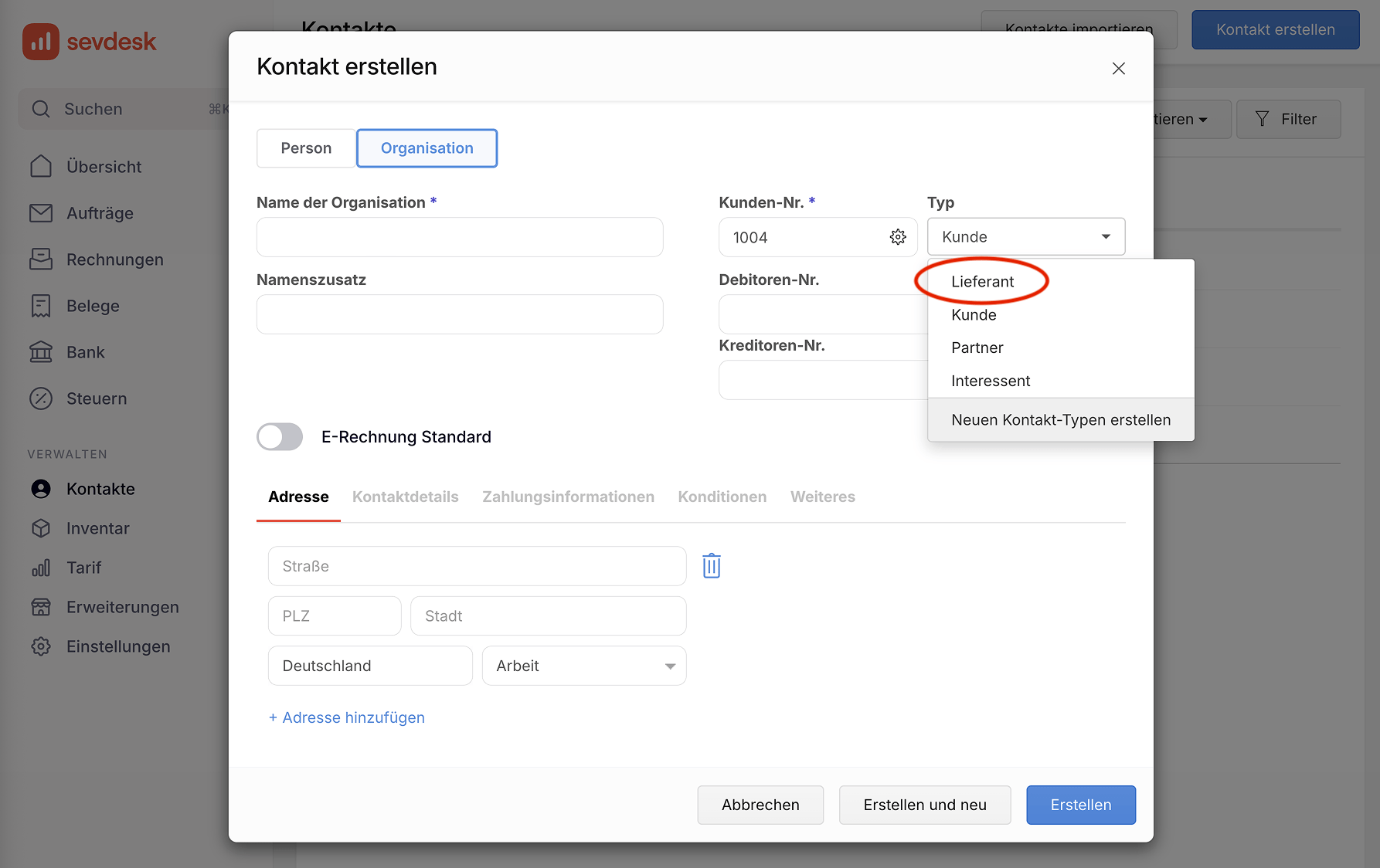 sevdesk Kontakt als Lieferant erstellen